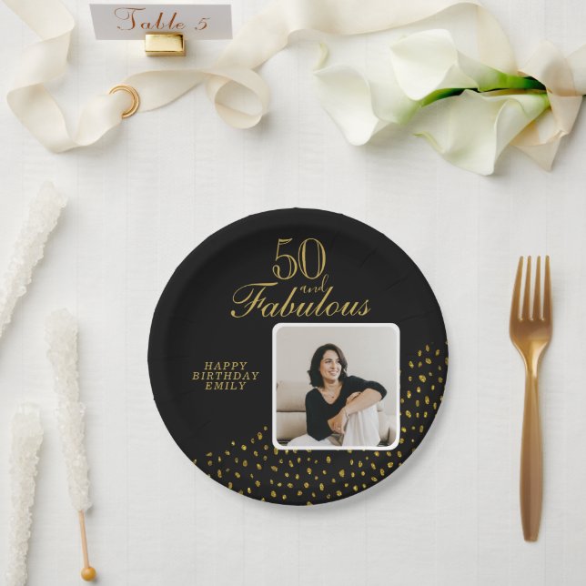 Plato De Papel 50 y Fabulous Gold Purpurina Photo 50th Birthday (Boda)
