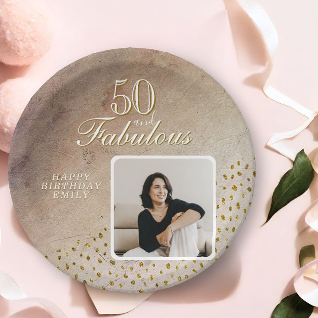 Plato De Papel 50 y Fabulous Gold Purpurina Photo 50th Birthday (Subido por el creador)