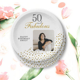 Plato De Papel 50 y Fabulous Gold Purpurina Photo 50th Birthday