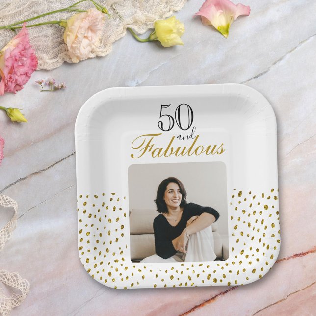 Plato De Papel 50 y Fabulous Gold Purpurina Photo 50th Birthday (Subido por el creador)