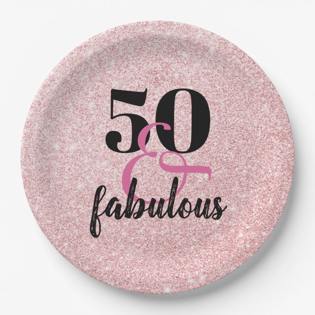 Plato De Papel 50 y Fabulous PInk Faux Purpurina Birthday Party (Anverso)
