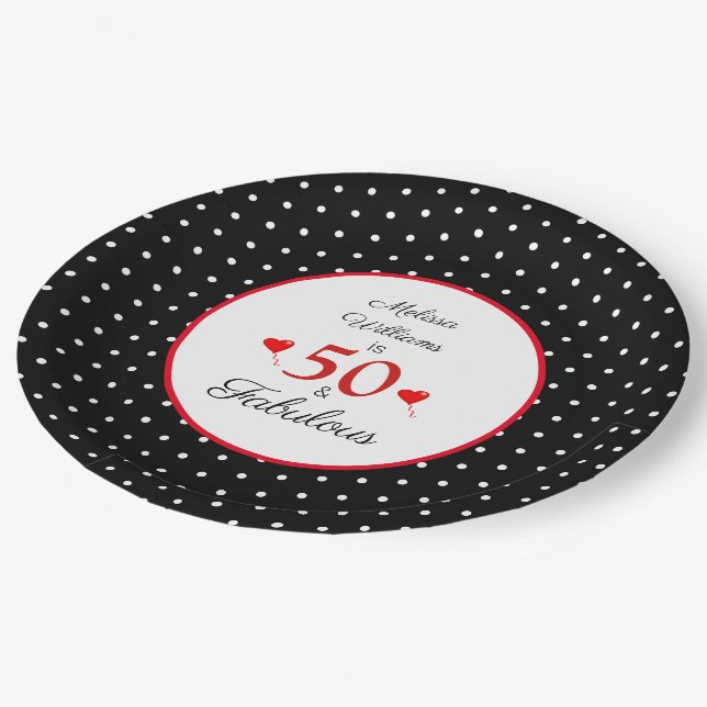 Plato De Papel 50 y nombre fabuloso Foto Red 50 cumpleaños BLK WH (Angular)