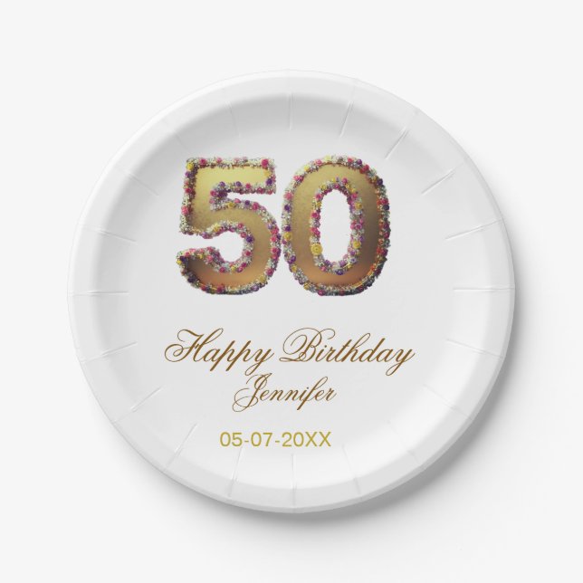 Plato De Papel 50th birthday add name date year gold floral bold  (Anverso)