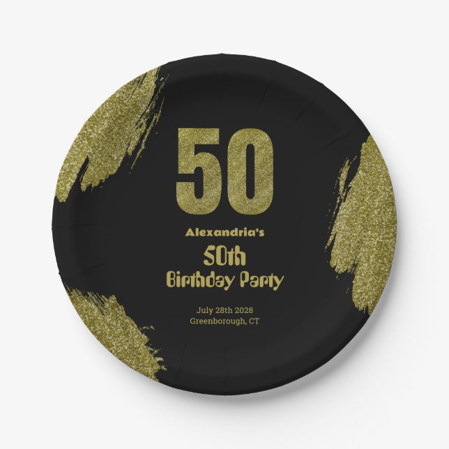 Plato De Papel 50th birthday black gold glitter party (Anverso)