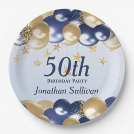 Plato De Papel 50th Birthday Navy Gold Balloons Party
