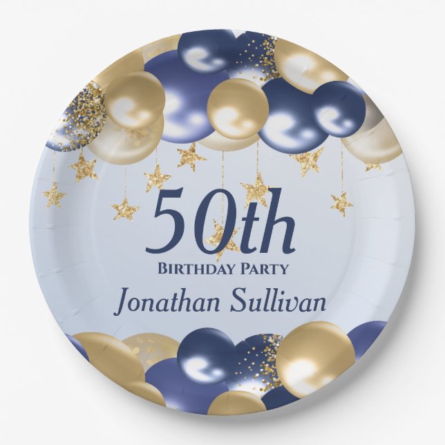 Plato De Papel 50th Birthday Navy Gold Balloons Party (Anverso)