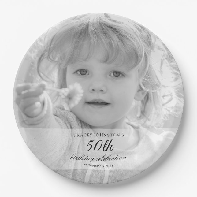 Plato De Papel 50th Birthday Party Black and White (Anverso)