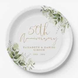 Plato De Papel 50th Wedding Anniversary Greenery Gold Script