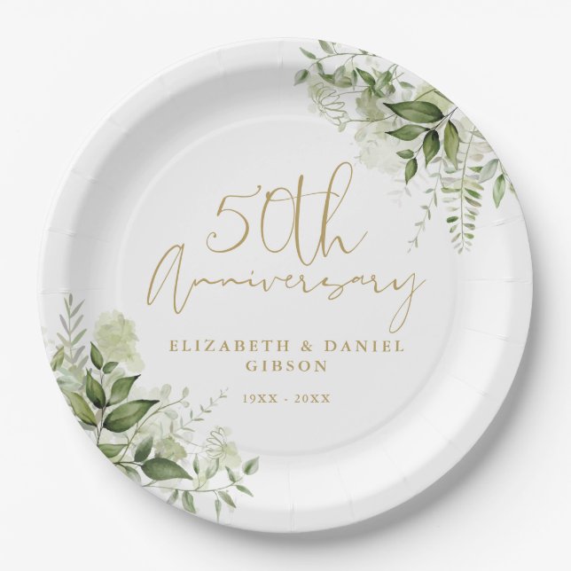 Plato De Papel 50th Wedding Anniversary Greenery Gold Script (Anverso)