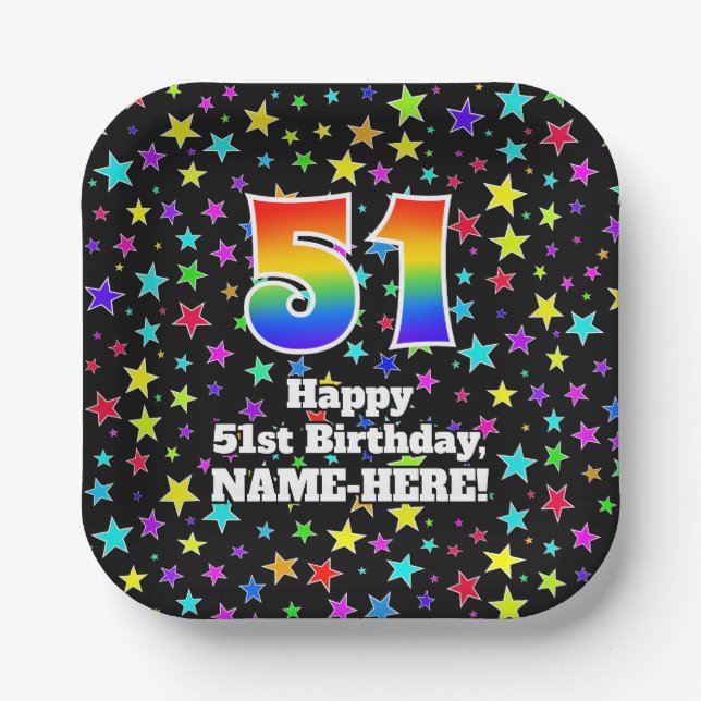 Plato De Papel 51st Birthday: Fun Stars Pattern and Rainbow “51” (Anverso)