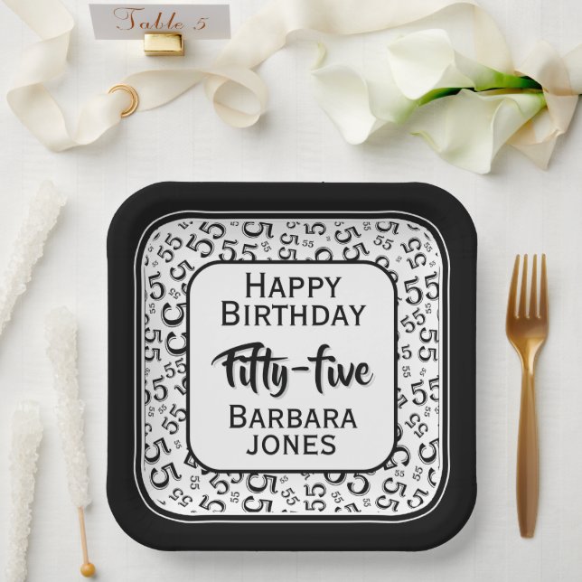 Plato De Papel 55th Party Random Number Pattern Black/White (Boda)