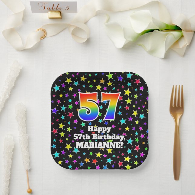 Plato De Papel 57th Birthday: Fun Stars Pattern and Rainbow “57” (Boda)