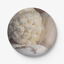 Plato De Papel 5882-Bouquet con anillos, velo y cruz