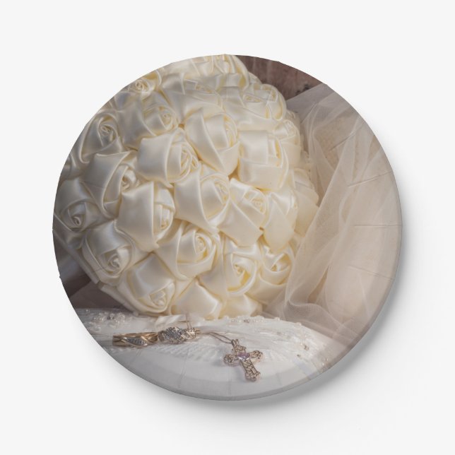 Plato De Papel 5882-Bouquet con anillos, velo y cruz (Anverso)