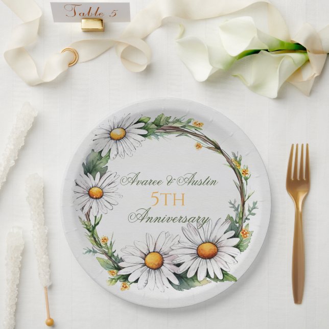 Plato De Papel 5.º Aniversario Boda de Daisies Blancos (Boda)