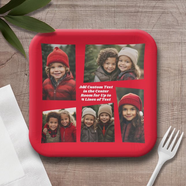 Plato De Papel 5 Fotografía Funky Marco Retro con texto - Rojo (Personalized Christmas party plates with a photo collage and text)