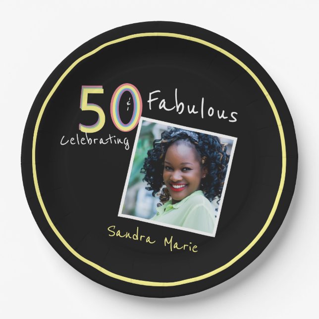Plato De Papel 5O y fabulosa Moda de arcoiris amarilla negra Cump (Anverso)