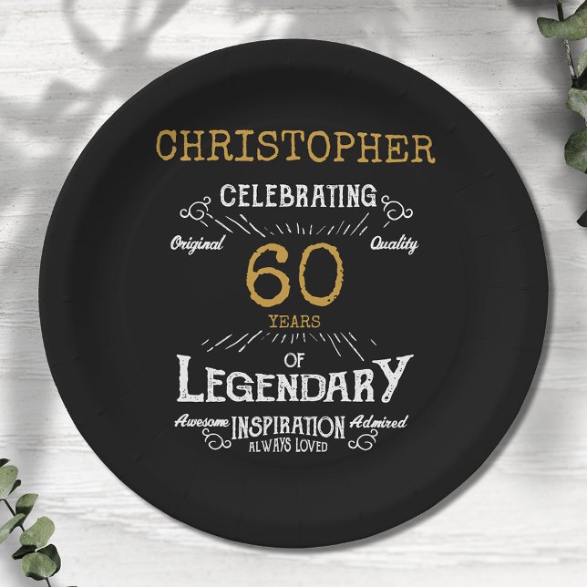 Plato De Papel 60.ª legendaria retro de oro negro (For those celebrating their 60th birthday we have the ideal birthday party plates)