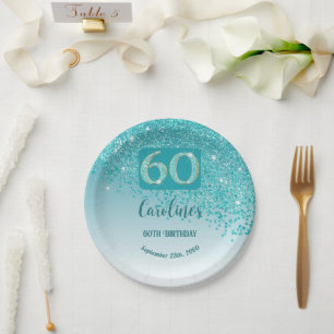 Plato De Papel 60.ª Moda de cumpleaños que cae Purpurina azul Ver