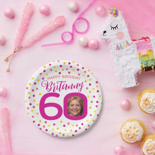 Plato De Papel 60.º confeti amarillo dorado rosado (Fiesta)