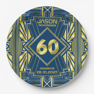 Plato De Papel 60.º cumpleaños Art Deco Oro Azul Gran Gatsby