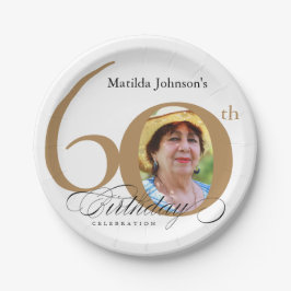 Plato De Papel 60.º cumpleaños Elegante Oro Caligrafía Blanca