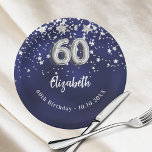 Plato De Papel 60.º cumpleaños estrellas de plata azul marino<br><div class="desc">Para una celebración de cumpleaños número 60. Un color de fondo azul marino con estrellas falsas de plata. El color azul es desigual. Añade tu nombre,  texto.</div>