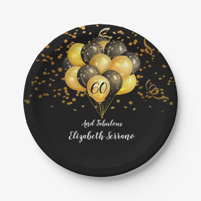 Plato De Papel 60.º cumpleaños Fabulous Gold Black Purpurina (Anverso)