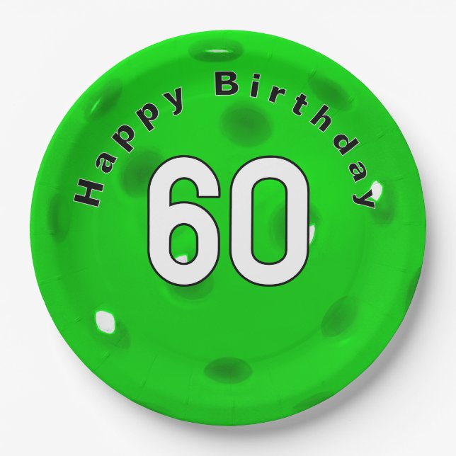 Plato De Papel 60.º cumpleaños Neon Green Pickleball (Anverso)