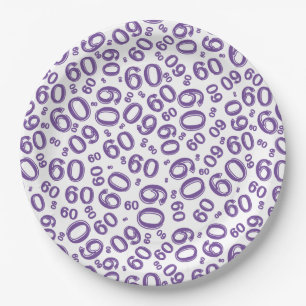 Plato De Papel 60.º patrón de número aleatorio Fiesta morado/blan