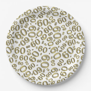 Plato De Papel 60.º patrón de número aleatorio Fiesta oro/blanco