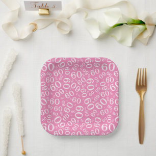 Plato De Papel 60.º patrón de número aleatorio Fiesta rosa/blanco