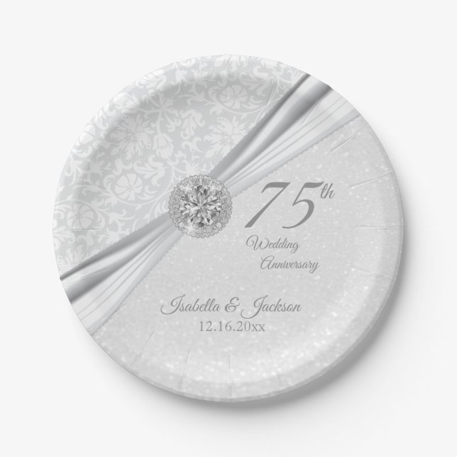 Plato De Papel 60/75 Aniversario del diamante en Purpurina blanco (Anverso)
