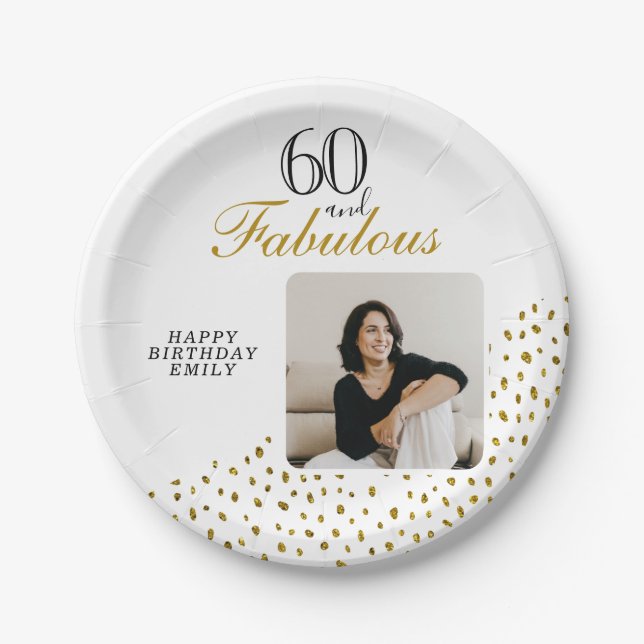 Plato De Papel 60 and Fabulous Gold Glitter Photo 60th Birthday (Anverso)