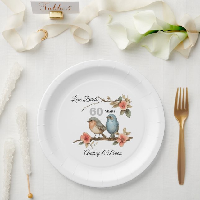 Plato De Papel 60° Aniversario Amor Aves Personalizadas (Boda)