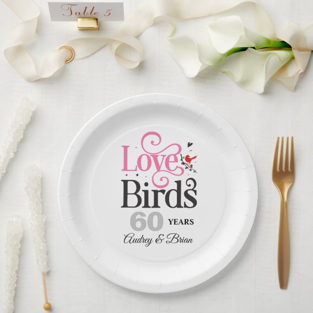 Plato De Papel 60° Aniversario Amor Aves Personalizadas (Boda)