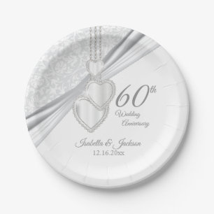 Plato De Papel 60° aniversario de Boda de diamantes en blanco