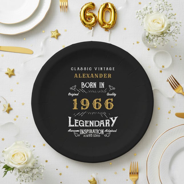 Plato De Papel 60 cumpleaños 1966 Legendario Retro (1966 black paper plate on a white and gold background.)