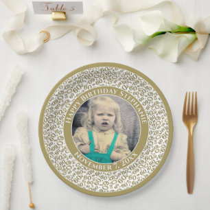 Plato De Papel 60 Patrón de número aleatorio de fotos Oro/Blanco