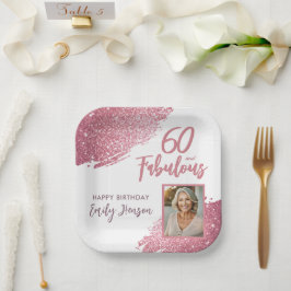 Plato De Papel 60 y fabulosa foto de Purpurina rosado 60 cumpleañ