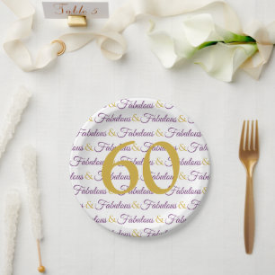 Plato De Papel 60 y Fabulous Elegant 60th Birthday Purple gold