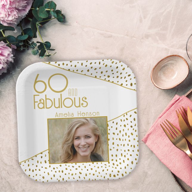 Plato De Papel 60 y Fabulous Gold Purpurina Photo 60th Birthday (Subido por el creador)