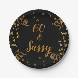 Plato De Papel 60 y Sassy Cumpleaños 60 Negro Falso Oro
