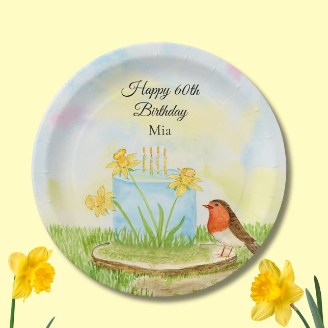 Plato De Papel 60th Birthday Robin with Daffodil Cake (Subido por el creador)