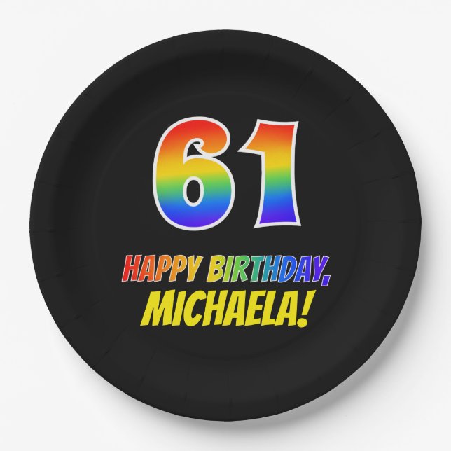 Plato De Papel 61° cumpleaños: audaz, divertido, simple, arcoiris (Anverso)