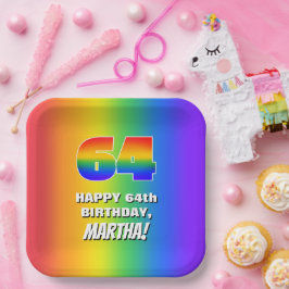 Plato De Papel 64º cumpleaños: Colorido, divertido patrón arcoiri