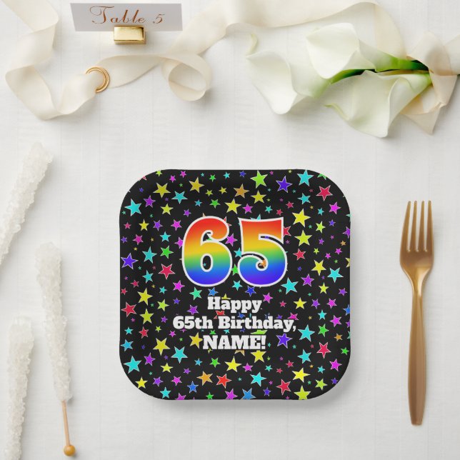 Plato De Papel 65º cumpleaños: Patrón de estrellas divertidas y a (Boda)