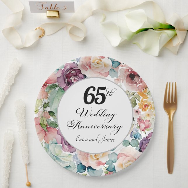 Plato De Papel 65° Aniversario Boda Elegante Script Floral (Boda)
