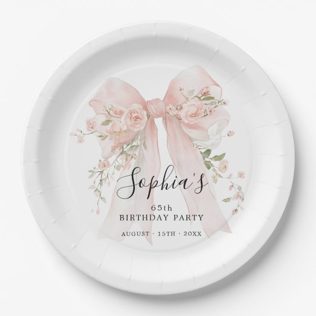 Plato De Papel 65th Birthday Party Pink Bow with Roses Custom (Anverso)