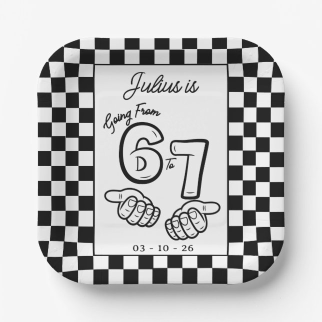 Plato De Papel 6 7 Meme Black White Checkerboard Birthday (Anverso)